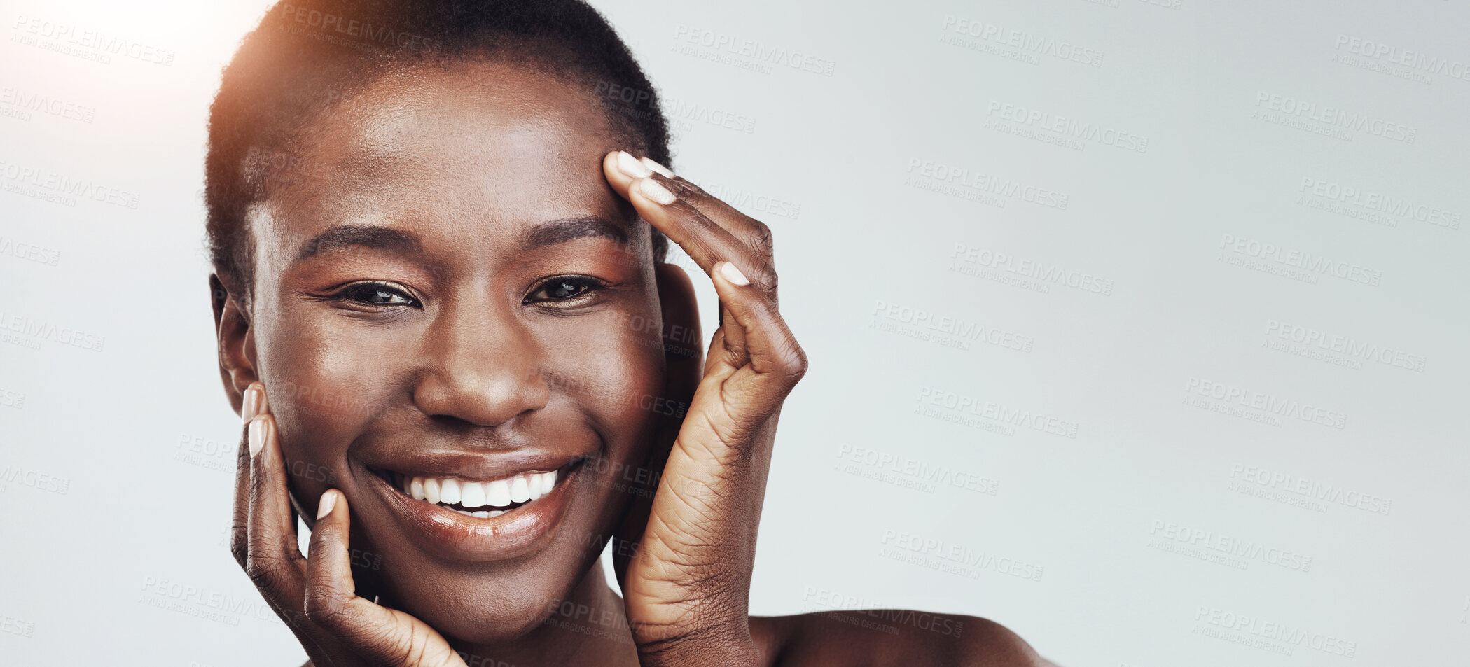 Buy stock photo Skincare, beauty and portrait of black woman in studio with hydration, collagen and facial routine. Banner, health and African female person with dermatology treatment for glow by white background.