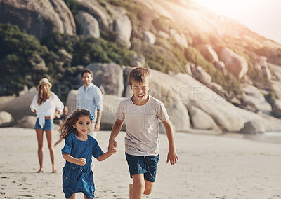 Buy stock photo Kids, holding hands and running on beach with family, game and parents together on holiday outdoor. Travel, sea and vacation with happy, laugh and bonding in Cancun with summer fun and support