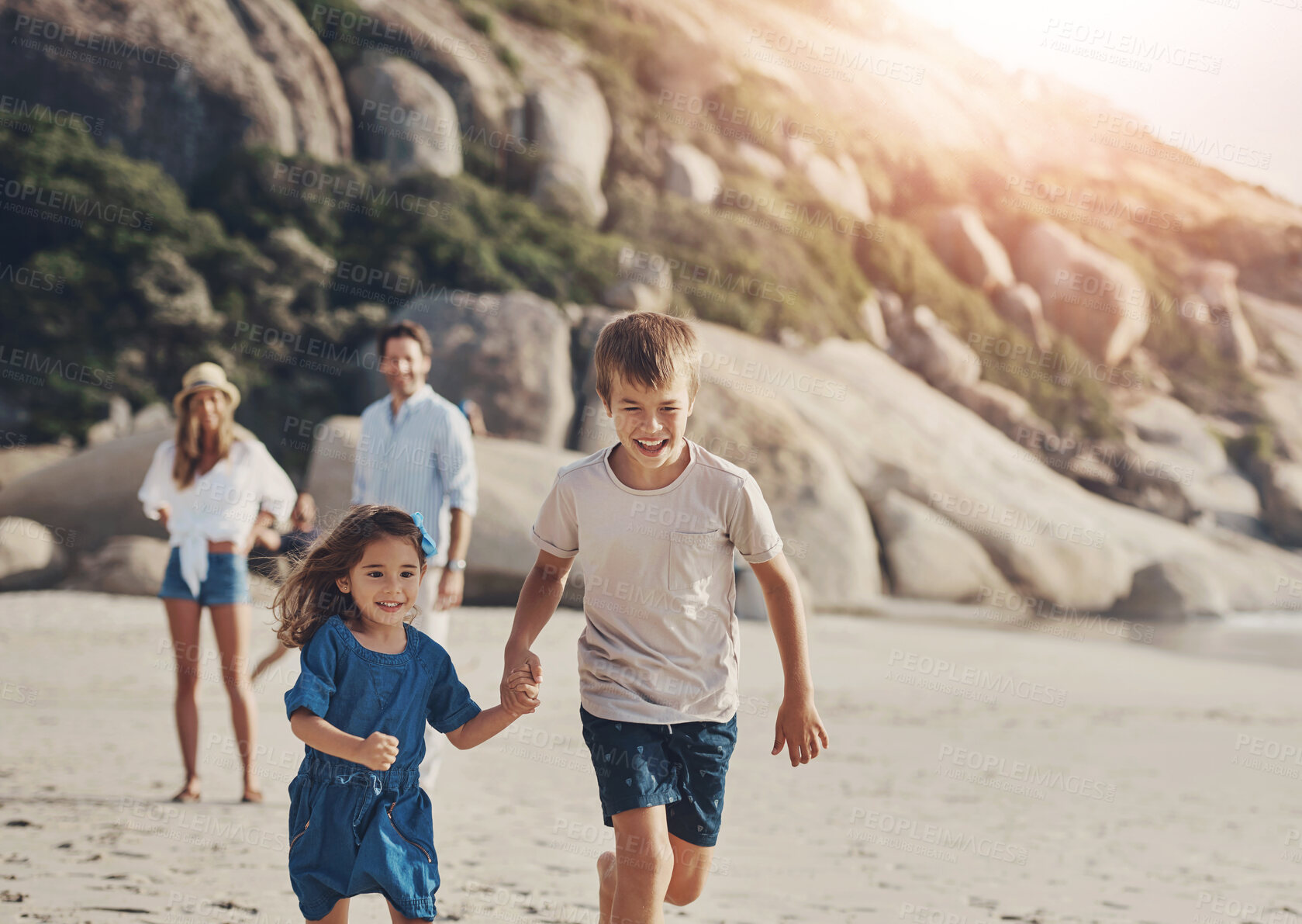 Buy stock photo Kids, holding hands and running on beach with family, game and parents together on holiday outdoor. Travel, sea and vacation with happy, laugh and bonding in Cancun with summer fun and support