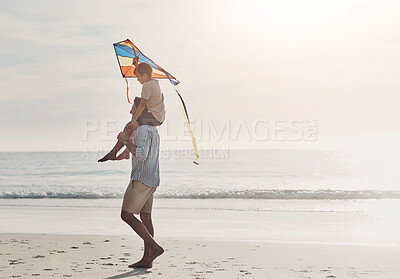 Buy stock photo Beach, kite and child on shoulders of father for adventure, travel or vacation in summer. Walking, toy and boy kid with dad for piggyback, playing or bonding by ocean on tropical holiday in Australia