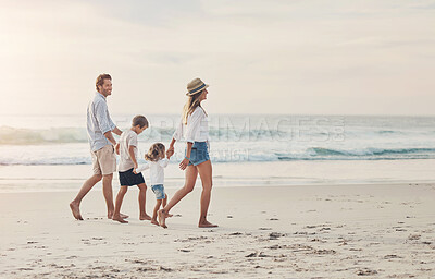 Buy stock photo Family, beach and holding hands on vacation with travel, love and care together by the sea. Happy, parents and kids in Miami walking by ocean outdoor on holiday with wellness, trust and security 