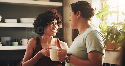 Buy stock photo Women, couple and gay in kitchen with coffee on morning for breakfast, relax and enjoy. Support, care and happy or conversation with cup of tea to chill, fun and bonding for relationship and home