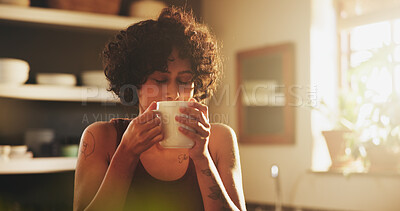 Buy stock photo Woman, home and kitchen with cup of coffee on morning for breakfast, relax and enjoy. Female person, house and smile or satisfied with tea to chill, fun and day off with caffeine drink and peaceful