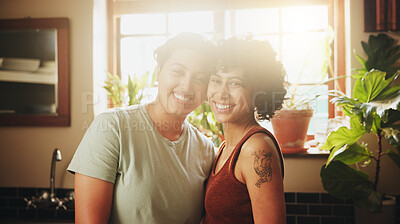 Buy stock photo Women, couple and lesbian in kitchen in portrait on morning for love, relax and enjoy. Support, care and happy or smile with pride to chill, trust and bonding for relationship and home as lgbtq