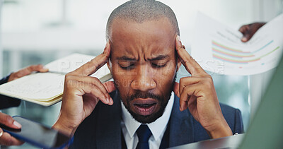 Buy stock photo Businessman, headache and frustrated in office for multitasking, deadline fail and overworked with paperwork. African employee, stress and time management with accountability, stats audit and burnout