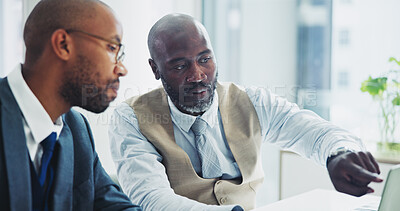 Buy stock photo Explain, black man and laptop in office on meeting for ideas on project with teamwork and collaboration. Employee, discussion and boardroom with research for partnership and strategy as lawyers