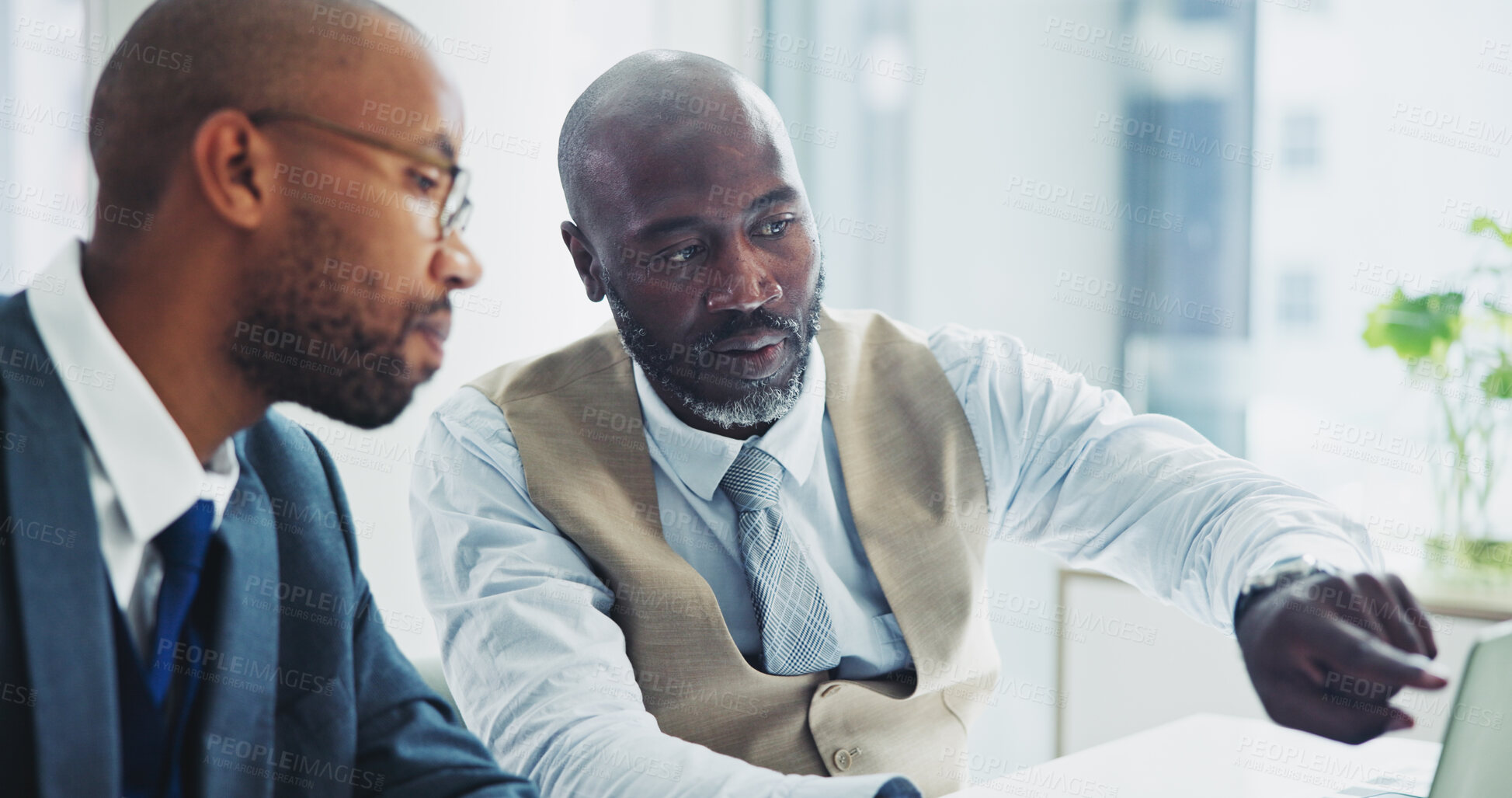 Buy stock photo Explain, black man and laptop in office on meeting for ideas on project with teamwork and collaboration. Employee, discussion and boardroom with research for partnership and strategy as lawyers