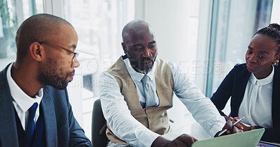 Buy stock photo Business, black people and laptop in office on meeting for ideas on project with teamwork and collaboration. Employee, discussion and boardroom with research for partnership and strategy as lawyers