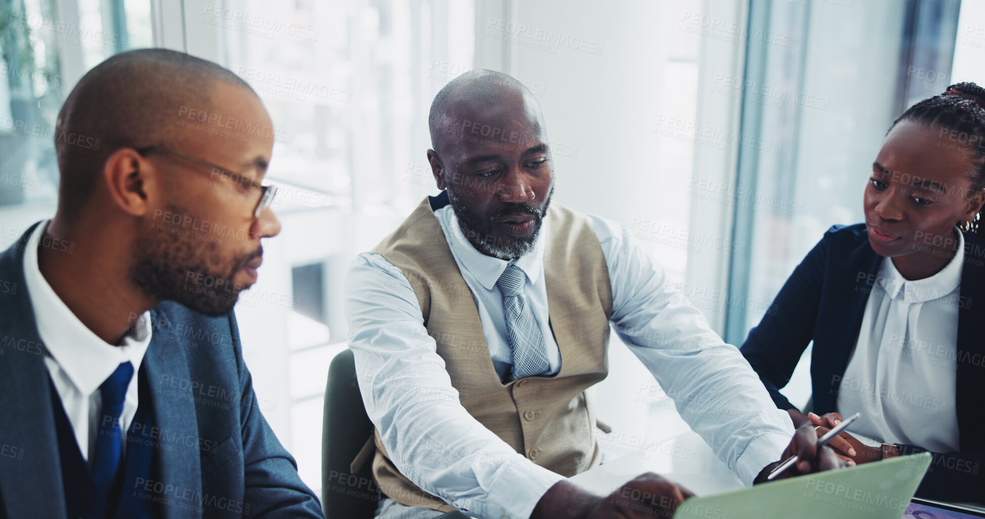 Buy stock photo Business, black people and laptop in office on meeting for ideas on project with teamwork and collaboration. Employee, discussion and boardroom with research for partnership and strategy as lawyers