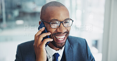 Buy stock photo Happy black man, accountant and discussion with phone call for business chat or proposal at office. Young African or financial employee with smile on mobile smartphone for conversation at workplace