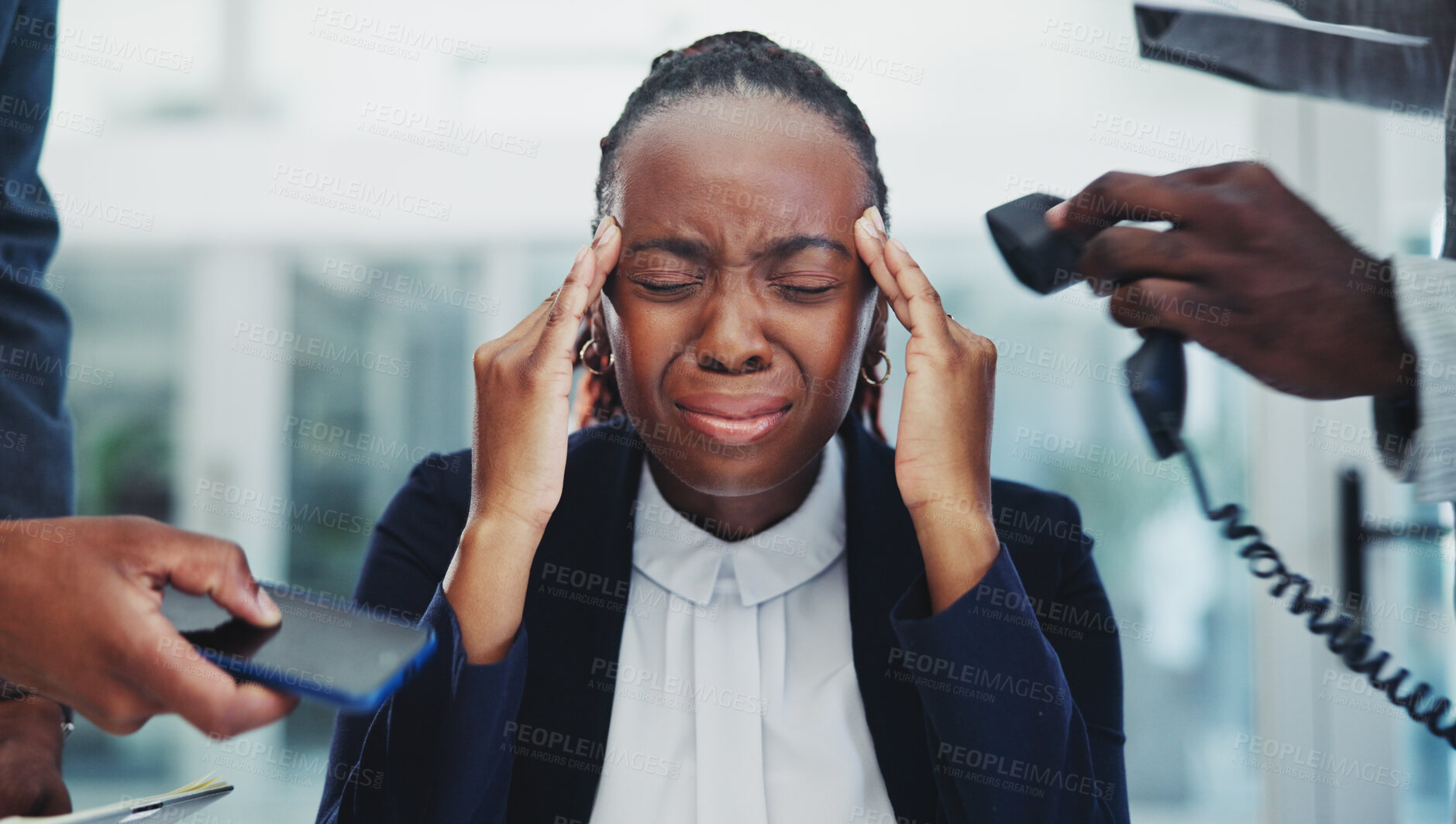 Buy stock photo Business, woman or headache with stress for multitasking in office with phone call, overworked or pressure. African employee, accountability or frustrated with time management, mental health or hands