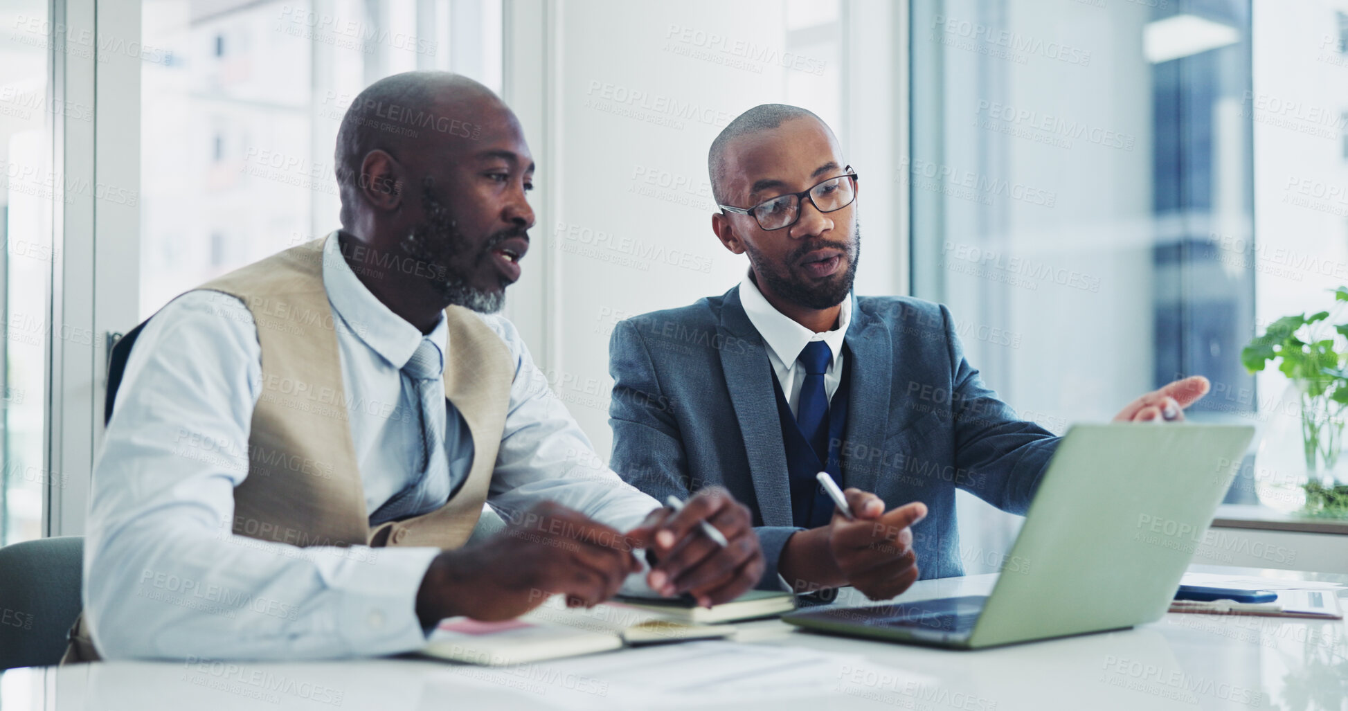 Buy stock photo Business, black men and laptop in office on meeting for ideas on project with teamwork and collaboration. Employee, discussion and boardroom with research for partnership and strategy as lawyers