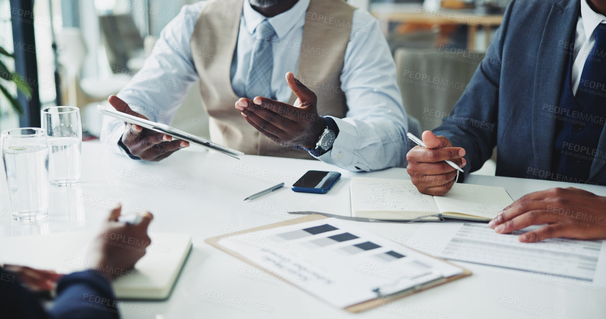 Buy stock photo Business, people and discussion with paperwork in office, planning and boardroom meeting for sales report. Collaboration, partnership and growth strategy together on table, writing and documents