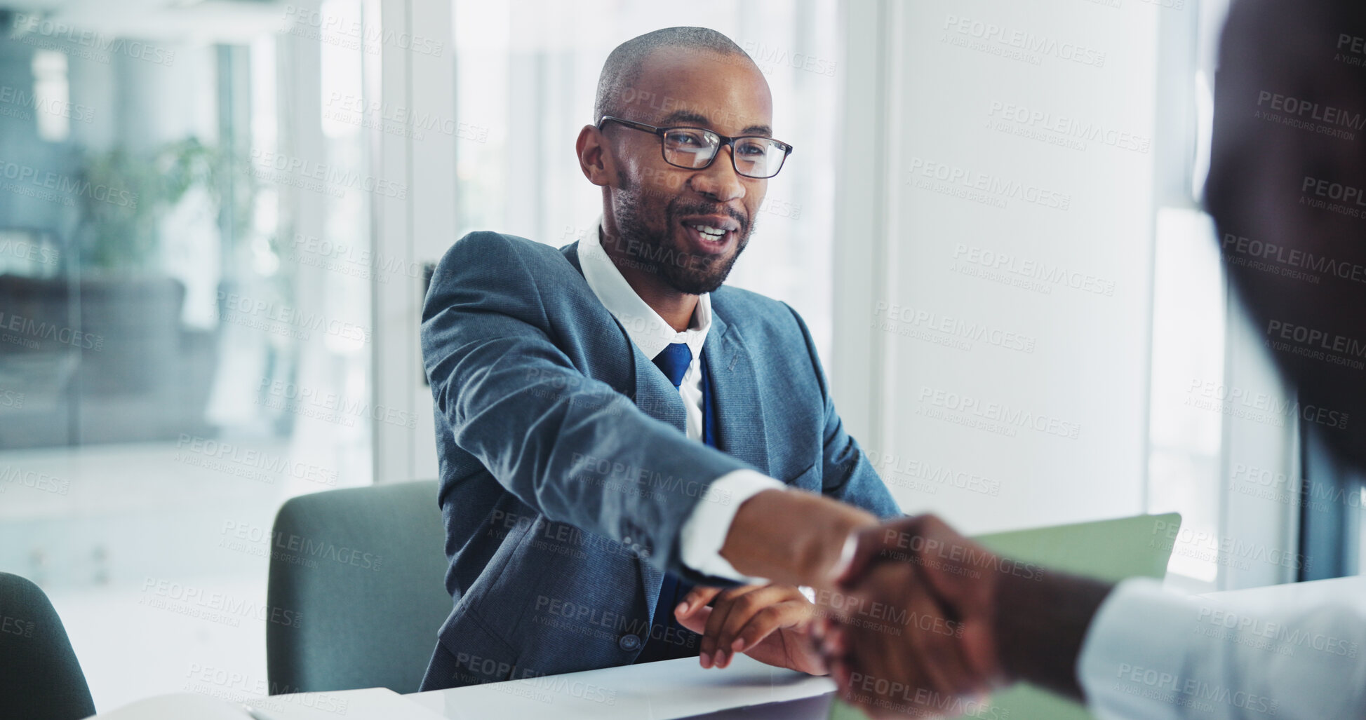 Buy stock photo Man, business and handshake in office for meeting, lawyer and client in legal consultation together for agreement. Professional, negotiation and thank you hand gesture, partnership and opportunity