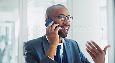 Buy stock photo Black man, accountant and discussion with phone call for business chat or proposal at office. Young African or financial employee talking on mobile smartphone for friendly conversation at workplace