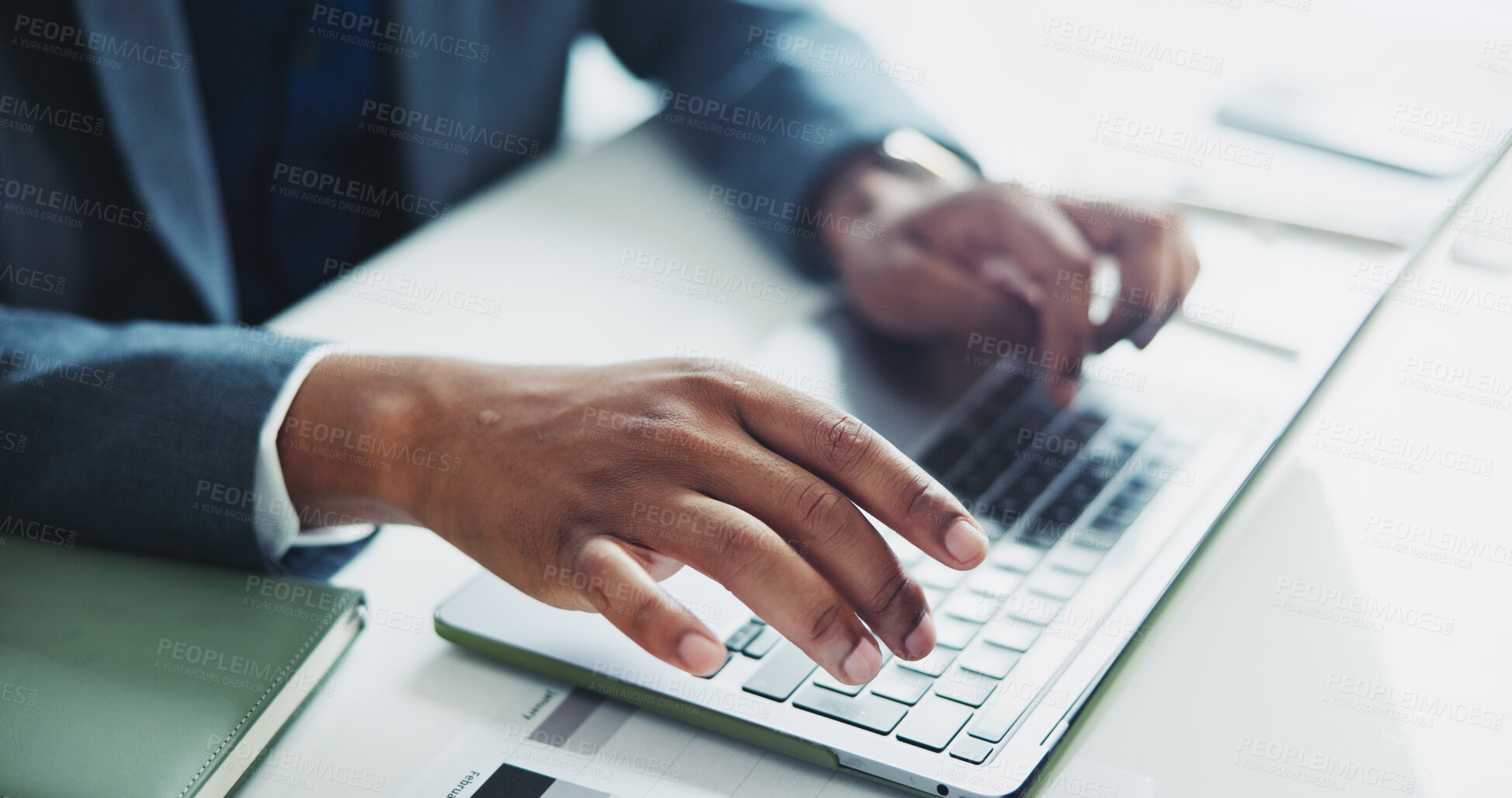 Buy stock photo Businessman, hands and typing with laptop for accounting, email or finance on desk at office. Closeup of African employee, accountant or investor working on computer for financial budget or report