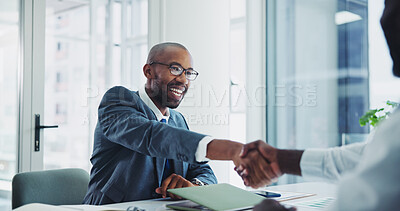 Buy stock photo Man, business and shaking hands in office for meeting, lawyer and client in legal consultation together for agreement. Professional, negotiation and thank you gesture, partnership and opportunity