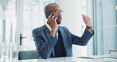 Buy stock photo Black man, accountant and discussion with phone call for proposal or communication at office. Young African or financial employee talking on mobile smartphone for business conversation at workplace