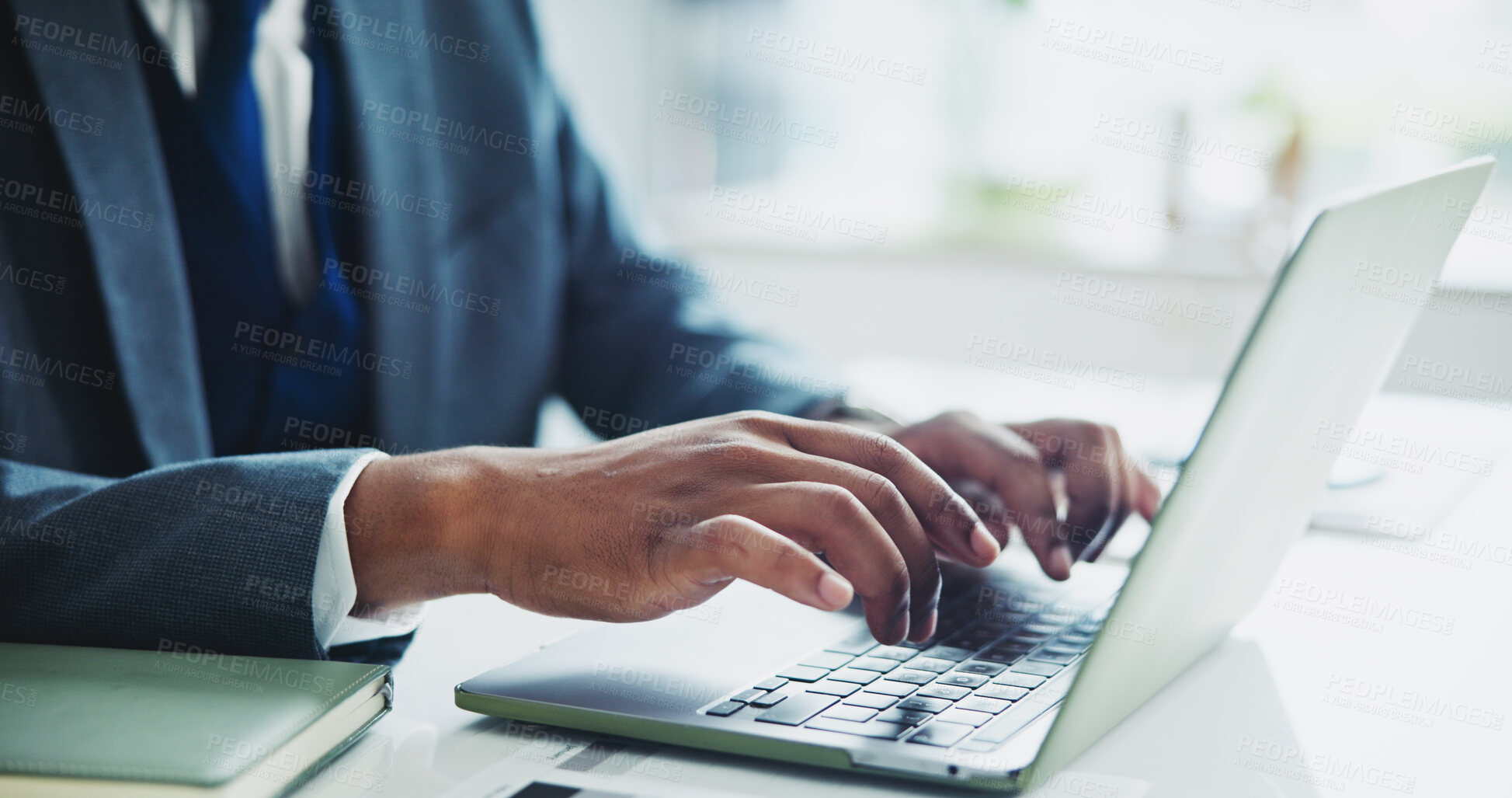 Buy stock photo Businessman, hands and typing with laptop for accounting, email or finance on desk at office. Closeup of employee man, accountant or investor working on computer for financial budget, report or tasks