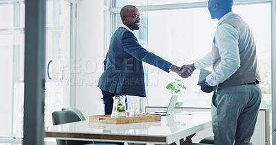 Buy stock photo Man, business and handshake in workplace for meeting, lawyer and client in legal consultation together for agreement. Professional, negotiation and thank you hand gesture, partnership and opportunity