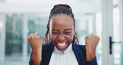 Buy stock photo Business, black woman and excited with celebration in office for promotion, company success or positive feedback. Professional, employee and fist with good news, achievement and prize winner at work