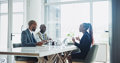 Buy stock photo Boss, employee and conversation in office on interview for job or career opportunity and growth. Black people, candidate and woman in boardroom with paperwork on discussion with hiring team or hr