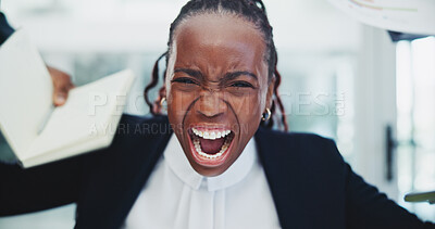 Buy stock photo Business, woman or shouting with stress for multitasking in office with deadline fail, overworked or notebook. African employee, screaming or frustrated with time management, mental health or burnout