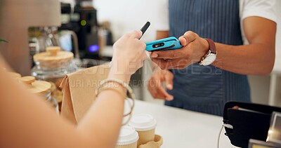 Buy stock photo Person, pos machine and payment with cellphone for coffee order or tap for takeaway food, service or breakfast. Barista, customer and hands for small business or morning latte, parcel or restaurant