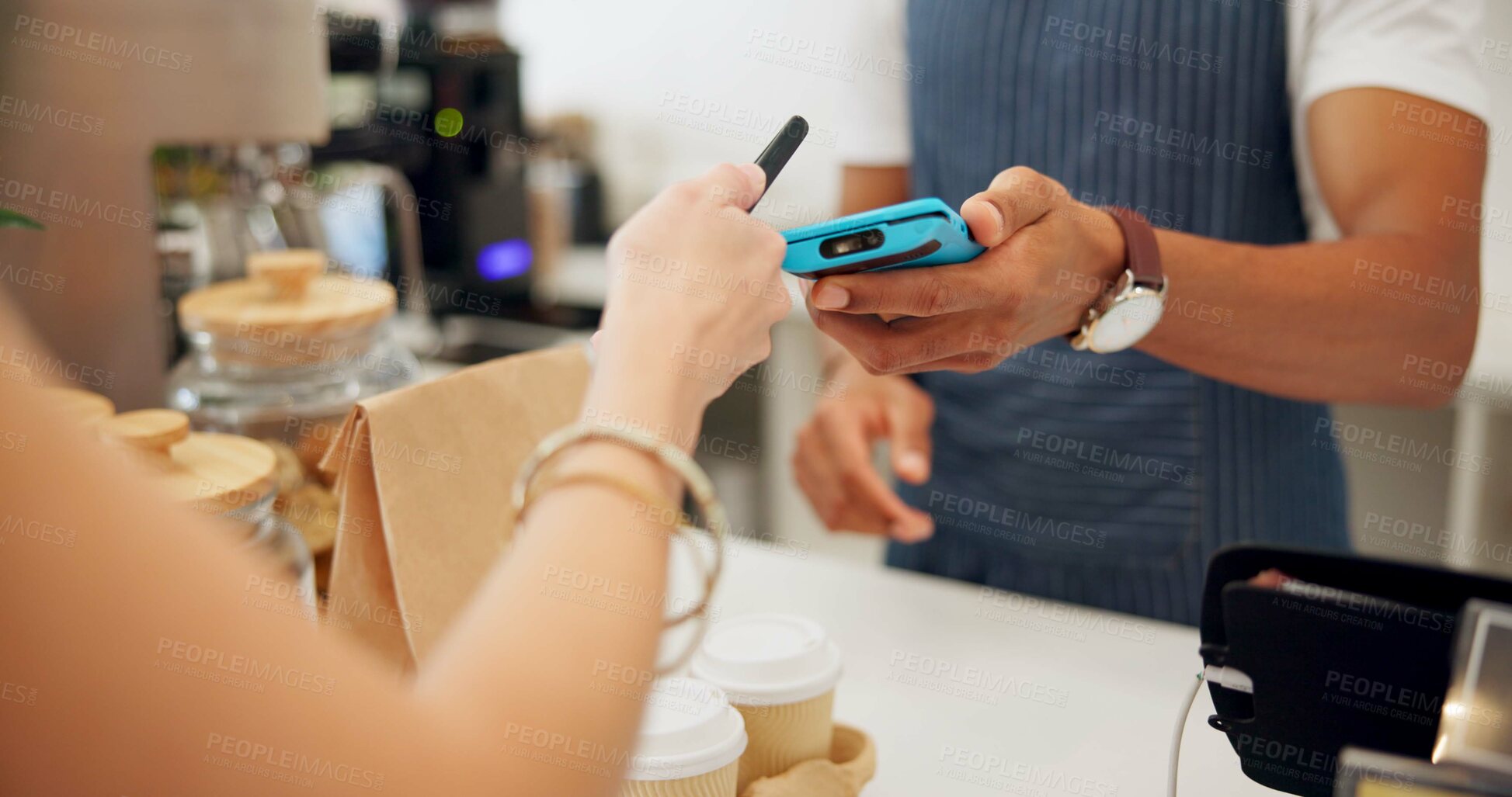 Buy stock photo Person, pos machine and payment with cellphone for coffee order or tap for takeaway food, service or breakfast. Barista, customer and hands for small business or morning latte, parcel or restaurant