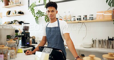 Buy stock photo Cafe, portrait of barista and apron with smile for coffee preparation, serving and behind counter to interact with customers. Business owner, employee and service with expresso machine for beverages