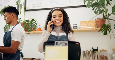 Buy stock photo Woman, cafe and barista with phone call order for ecommerce, takeaway and communication at counter. Person, small business and waiter with technology for discussion, service and digital sale