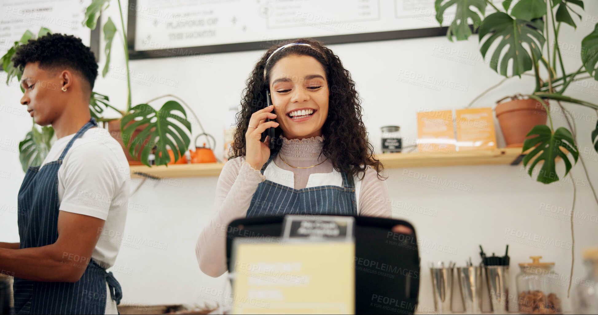 Buy stock photo Woman, cafe and barista with phone call order for ecommerce, takeaway and communication at counter. Person, small business and waiter with technology for discussion, service and digital sale