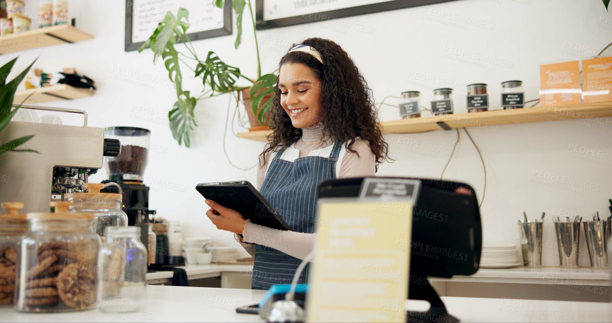 Buy stock photo Woman, cafe and barista with order on tablet for sale, ecommerce and service at coffee shop. Female person, networking and waitress with technology for website, communication or online menu update