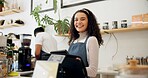 Woman, cafe and face of barista with tablet for online order, ecommerce or service at coffee shop. Female person, smile and waitress with tech for small business, networking or digital update of menu