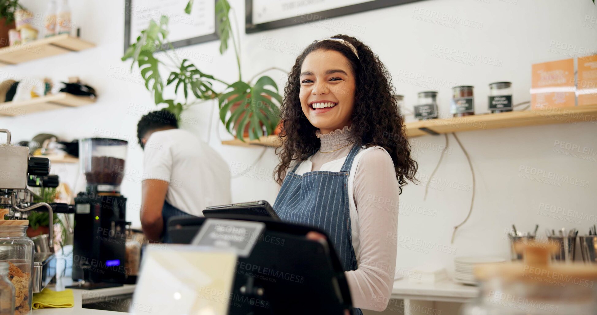 Buy stock photo Woman, cafe and face of barista with tablet for online order, ecommerce or service at coffee shop. Female person, smile and waitress with tech for small business, networking or digital update of menu