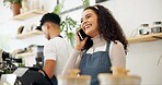 Woman, coffee shop and barista with phone call order for takeaway, service and communication at cafe. Person, small business and waitress with technology for discussion, ecommerce and digital sale