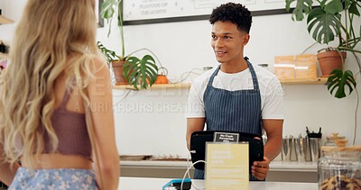 Service, barista or customer order at cafe for food or help at table in a coffee shop job with menu. Listening, waiter or employee in small business restaurant talking a woman, lady or girl client