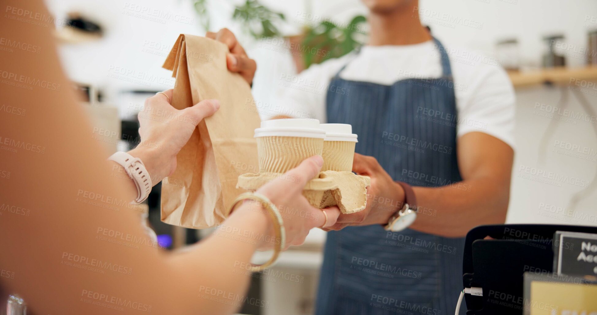 Buy stock photo Barista, customer and takeaway coffee or hands or giving at counter as breakfast order, morning or espresso. Person, parcel and cafe shop or lunch beverage for small business food, latte or drink