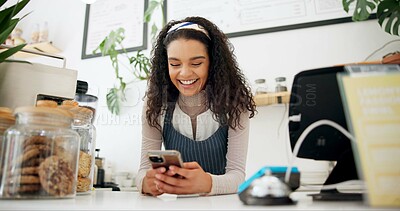 Buy stock photo Woman, coffee shop and barista with smartphone for ecommerce, networking or funny conversation. Female person, waitress and technology in small business for media update, cafe blog and online service