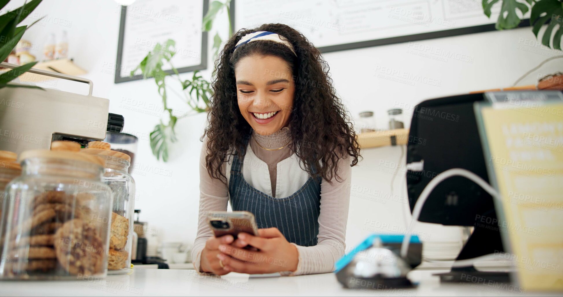 Buy stock photo Woman, coffee shop and barista with smartphone for ecommerce, networking or funny conversation. Female person, waitress and technology in small business for media update, cafe blog and online service