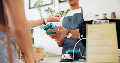 Buy stock photo Person, coffee shop and pos machine for payment with watch for morning order with tap, future or customer service. Barista, hands and matcha beverage at small business cafe or takeaway, bakery or tea