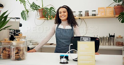 Buy stock photo Smile, face and woman barista in coffee shop with positive, good and confident attitude for job. Happy, pride and portrait of young female waitress standing by counter register in cafe or restaurant