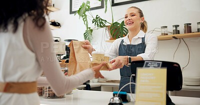 Service, barista or customer at cafe for food or drinks at table in a coffee shop job giving a package. Listening, waiter or employee in small business restaurant talking a woman, lady or girl client
