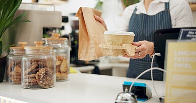 Buy stock photo Barista, customer and takeaway coffee or giving at counter as breakfast order, morning or espresso. Person, hands and cafe shop or lunch beverage for small business food at bakery, latte or drink