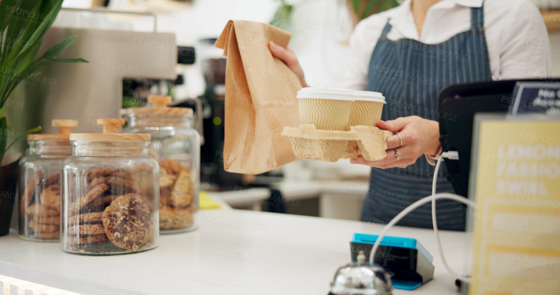 Buy stock photo Barista, customer and takeaway coffee or giving at counter as breakfast order, morning or espresso. Person, hands and cafe shop or lunch beverage for small business food at bakery, latte or drink