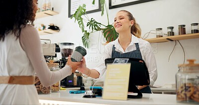 Service, barista or customer with coffee shop or store for drinks or return at checkout counter in a cafe job. Reusable bottle, giving or waitress in small business restaurant with a woman or lady