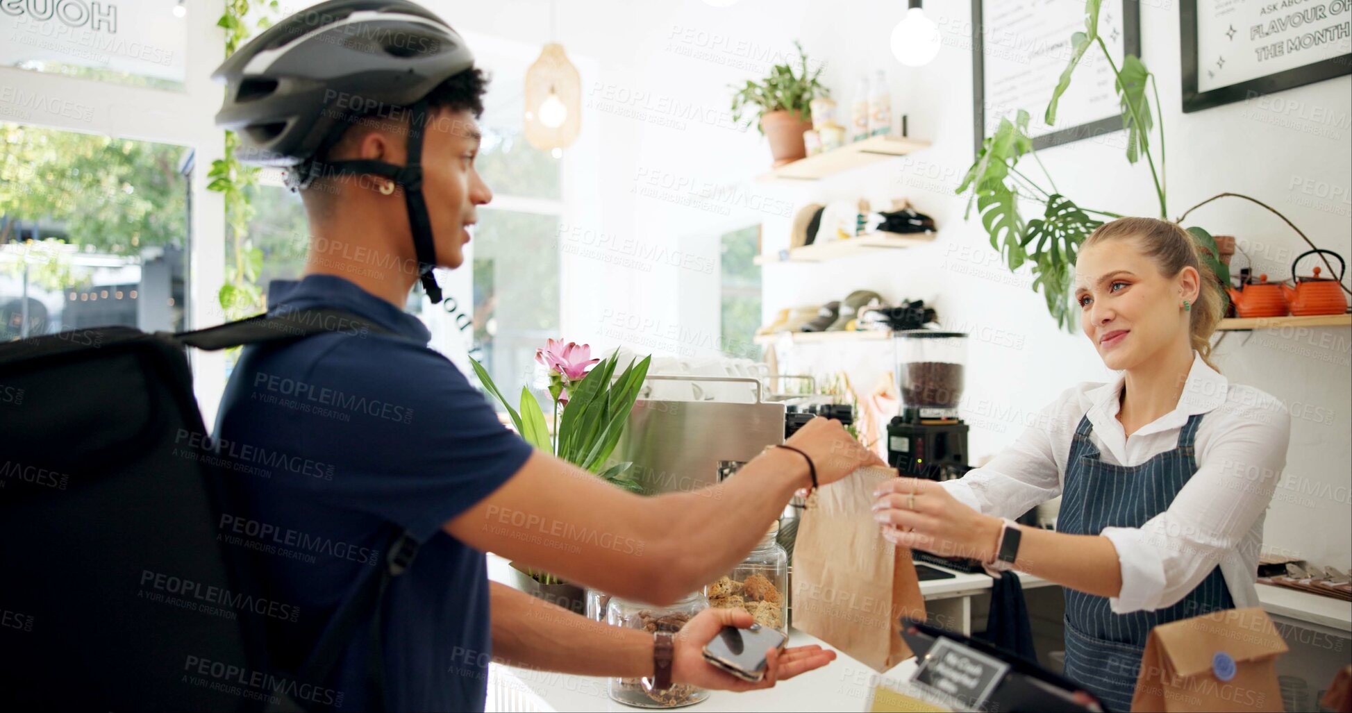 Buy stock photo Woman, delivery man and takeaway at restaurant for online order or customer service, breakfast or cafe. Female person, parcel and giving and coffee shop counter of small business, lunch or collection