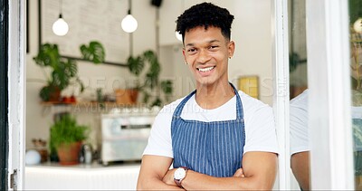 Buy stock photo Man, face and coffee shop barista with smile or customer service or waiter at bakery, welcome or business owner. Male person, portrait and happy at restaurant with confidence, server or breakfast