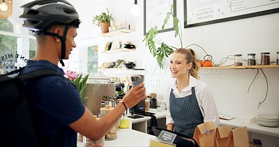 Buy stock photo Phone, barista or delivery man in coffee shop or cafe for drinks, food or package at checkout counter in a store. Courier app, bicycle helmet or waitress in small business with a mobile, woman or guy