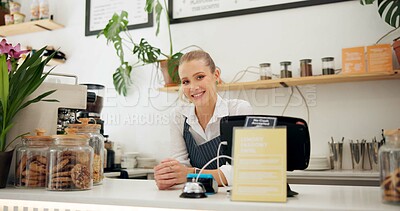 Buy stock photo Woman, startup and cafe with smile at counter for customer service, entrepreneur and business with confidence. Female, portrait and diner with welcome or face, hospitality or coffee and cookies